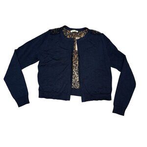 Luxxe Lane Navy Blue Open Cardigan Women's Medium Lace Back Hook & Eye Business